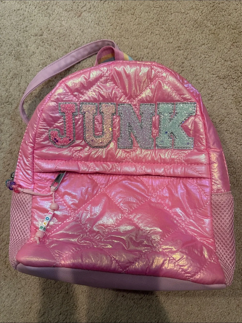 Pink Kids Backpack with 'JUNK' Glitter Patch like new